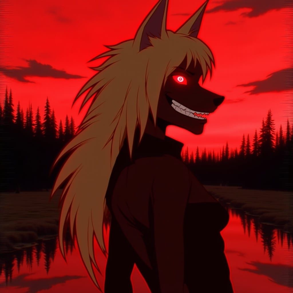 <lora:BlackWolf RedGlitch:0.7>
Damaged 1980s anime, red VHS glitches, post-apocalyptic landscape. Side profile silhouette of an anthropormor...