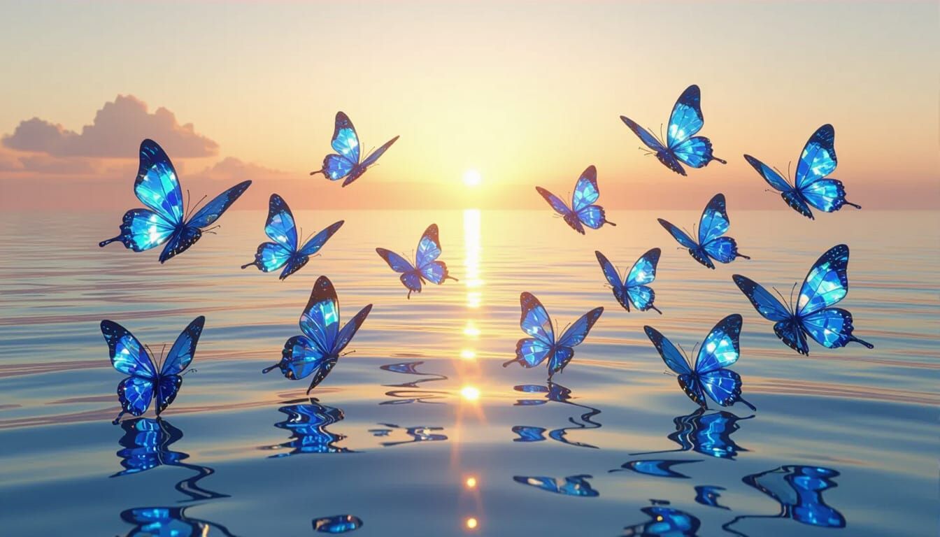 Blue Crystal Butterflies flying over the sea