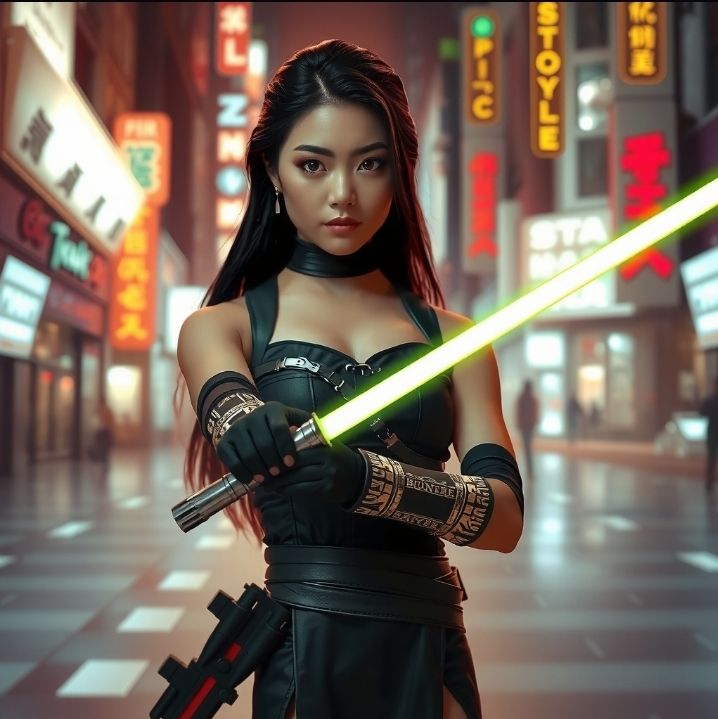 BEAUTIFUL FEMALE GEISHA  JEDI KNIGHT HOLDING A GREEN LIGHTSA...
