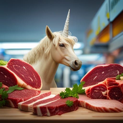 Unicorn examines Unicorn meat counter Unicorn “ standing in a Meat