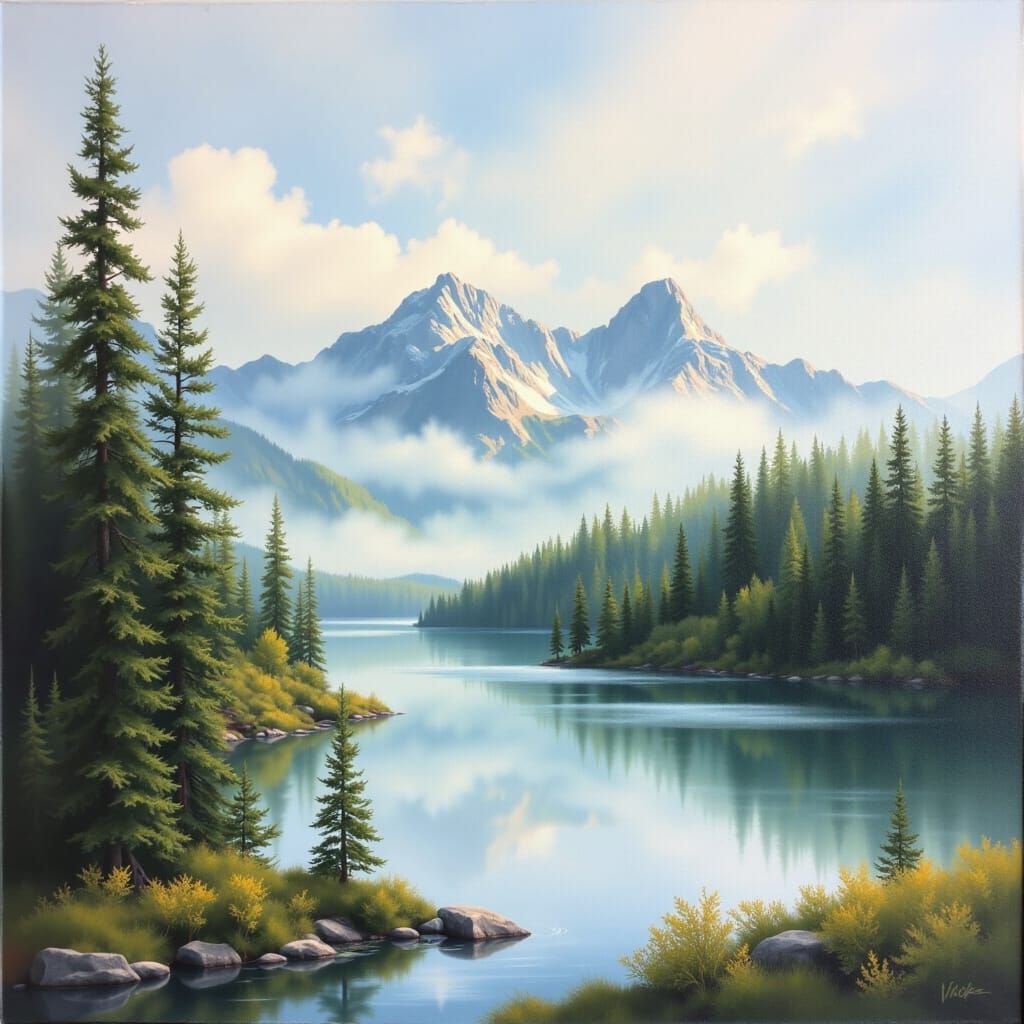 <lora:Happy Brush:1.0> A tranquil, painterly landscape style inspired by Bob Ross, characterized by soft, blended brushstrokes, misty mounta...