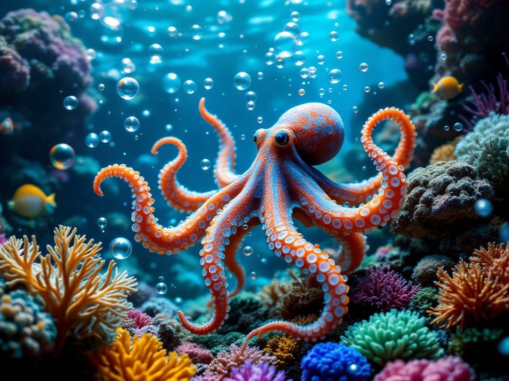 Magical underwater scene where an octopus dances in bubbles over a multicoloured coral display.  by @rrruss