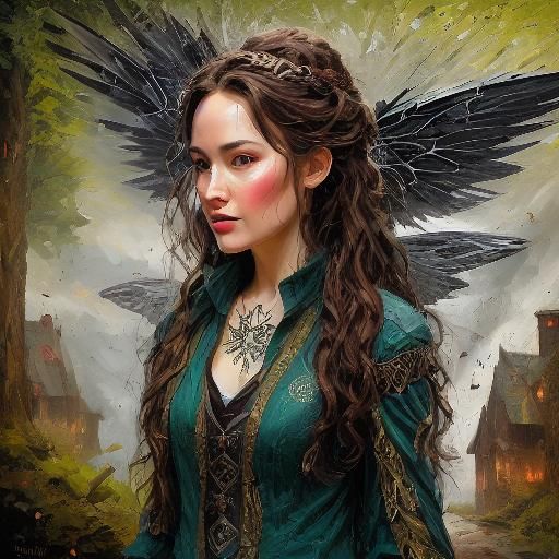 <lora:angelorfairy:1.0> portrait view , realistic fairy in the style of ai.exhibitionist, long fuzzy curly random hair , arcane rune symbols...