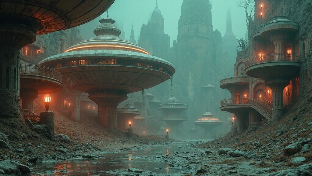 From the open prompt gang:  A surreal, dystopian amusement park with crumbling, futurist architecture, designed by JG Ballard, with eerie, neon-lit landscapes, and a s...