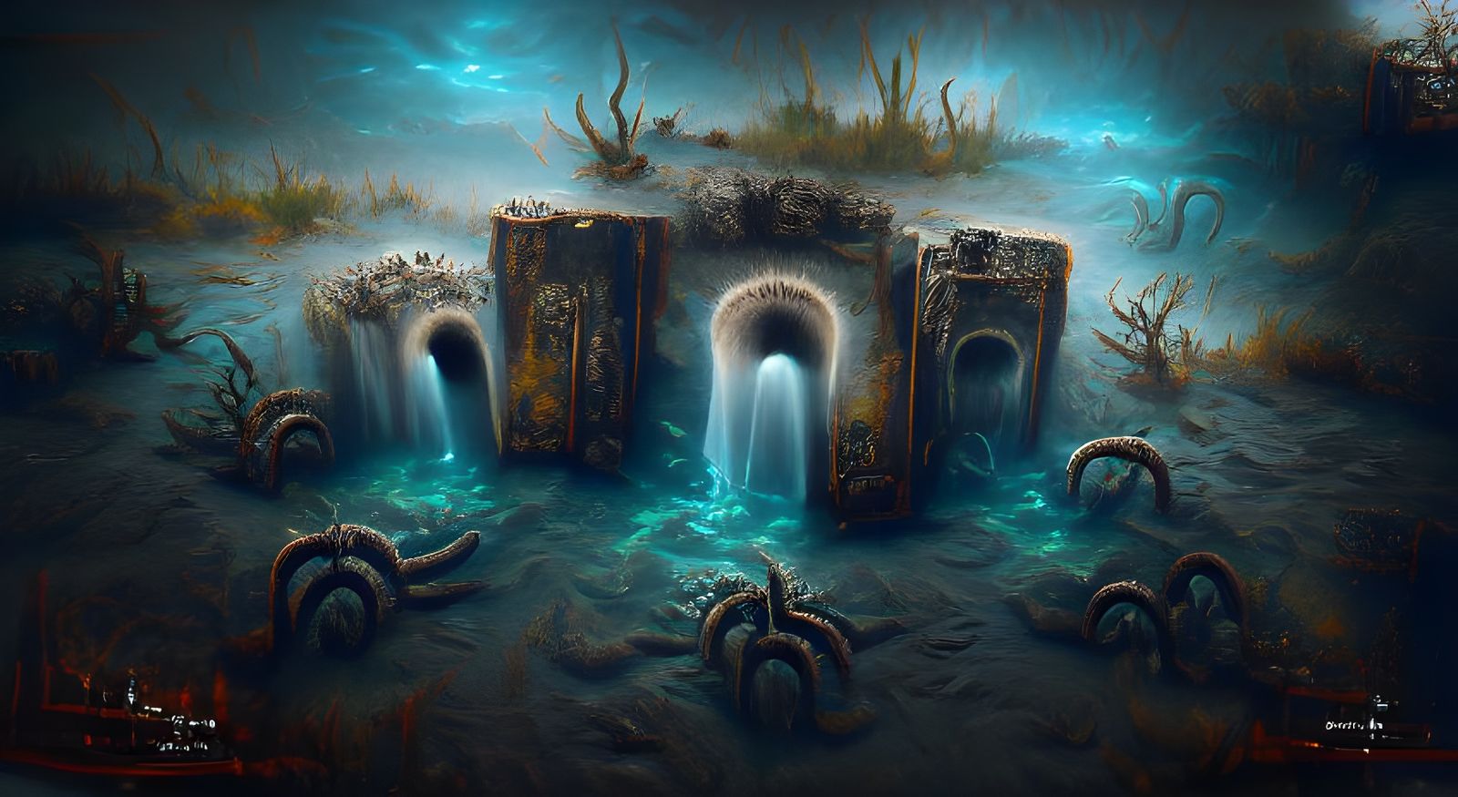 ancient underwater portal to water kraken tentacles on the seafloor 8k resolution detailed painting trending on Artstation amazing horror creepy wallpaper volumetric lighting - AI Generated Artwork - NightCafe Creator ancient underwater portal to water kraken tentacles on the seafloor 8k resolution detailed painting trending on Artstation amazing horror creepy wallpaper volumetric lighting - AI Generated Artwork - NightCafe Creator