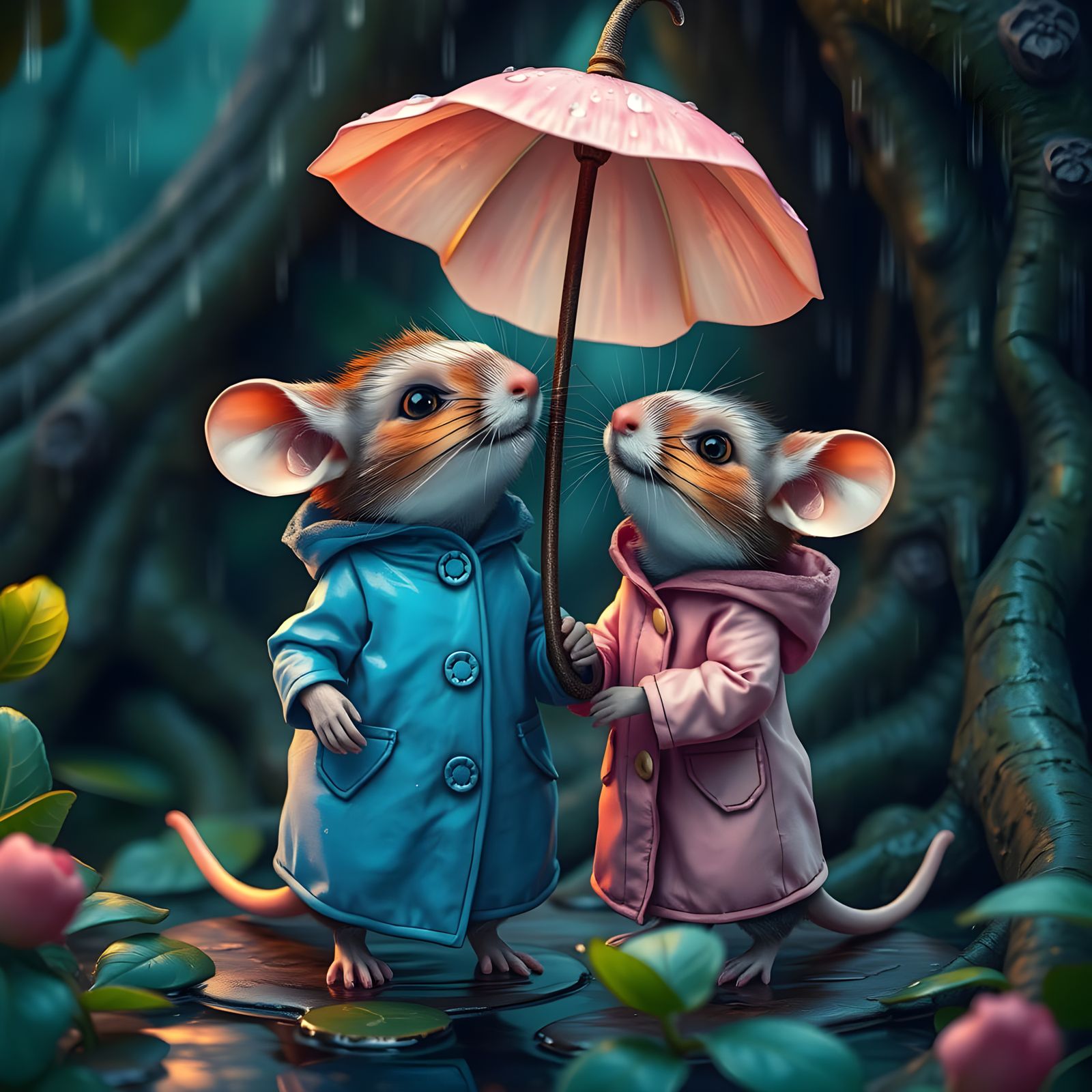 Two Mice in the Rain  by @Mystical Art AI