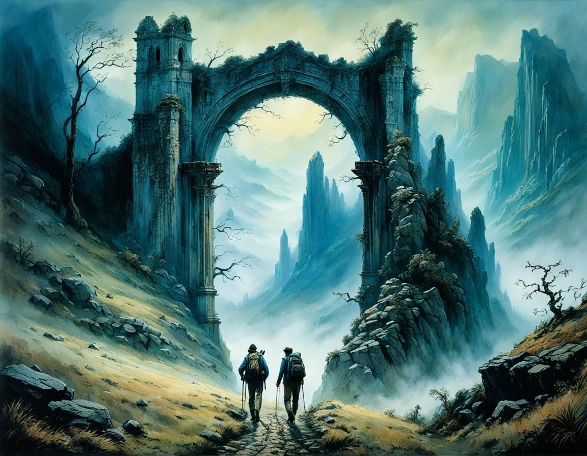 Two hikers are on a path through a misty mountain landscape;...
