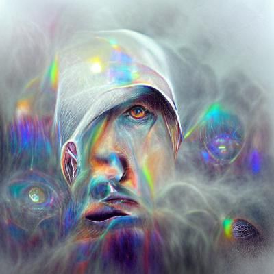 Eminem eyes in a fog filled with silver colors only