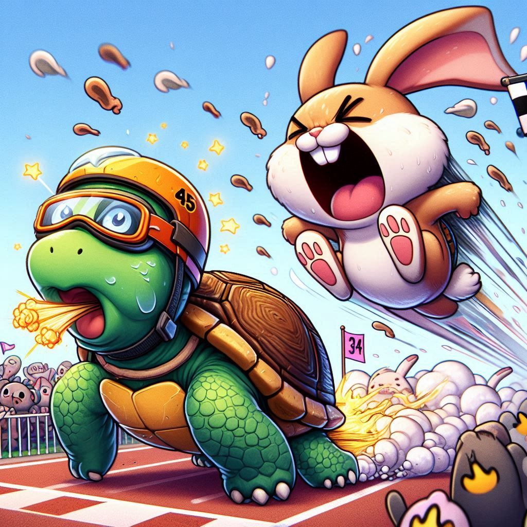 A farting turtle accelerating with high speed and win the ra...