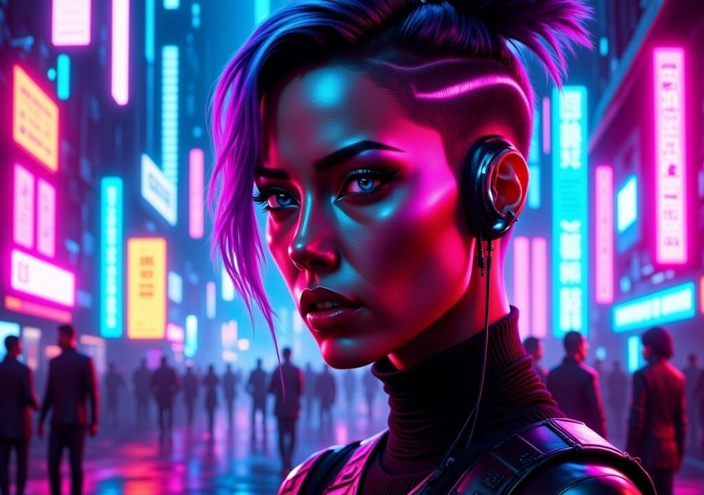 Insanely detailed portrait of a Beautiful cyberpunk woman in a cyberpunk city. Blade Eunner, Cyberpunk 2077, neon lights, neon colors <lora:...