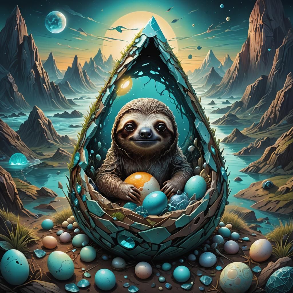 Chromatic Surrealism, a scary aqua chibi sloth hatching from an egg in a surreal landscape, Luminous ...  by @amazoon