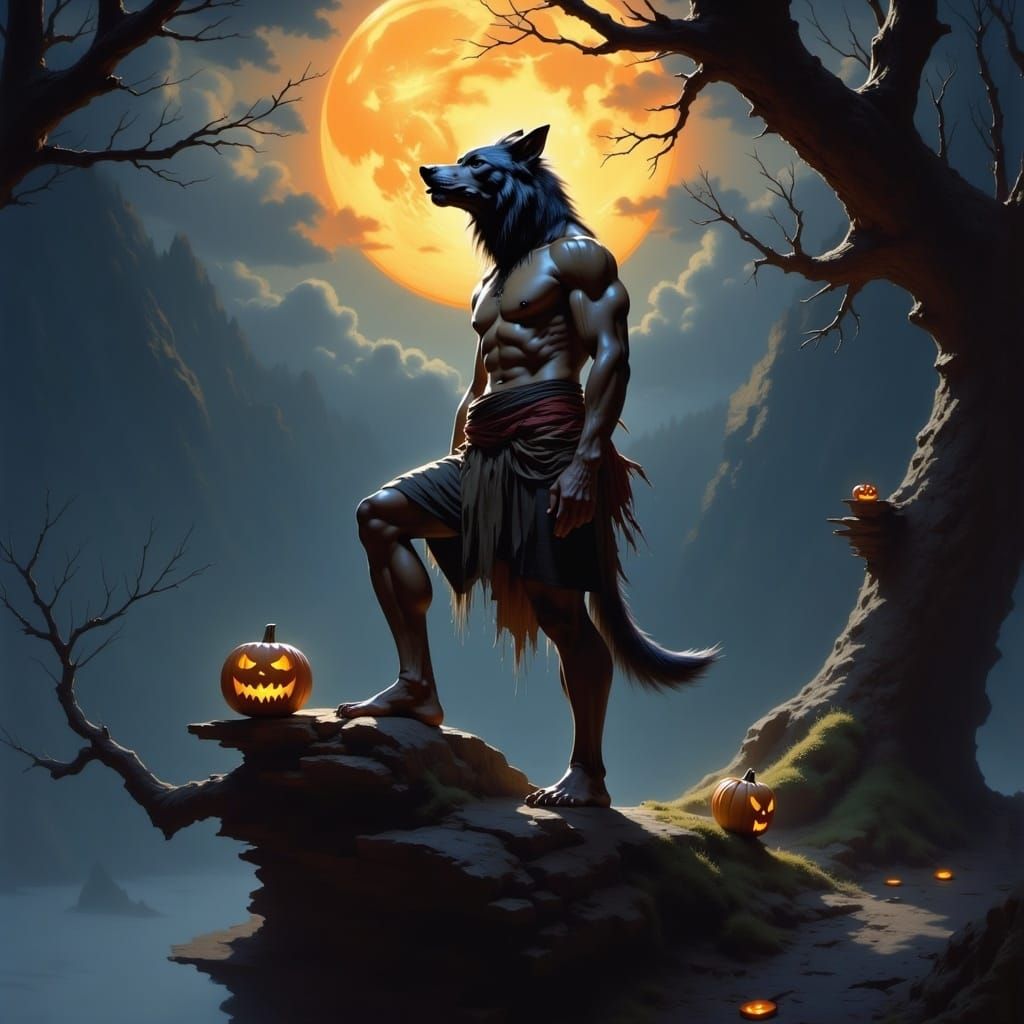 <lora:Pre-Raphaelites2:1.0> Portrait of a muscular and hairy werewolf looking at the Full Moon, Halloween night, a maximalist masterpiece #pre-raphaelite2