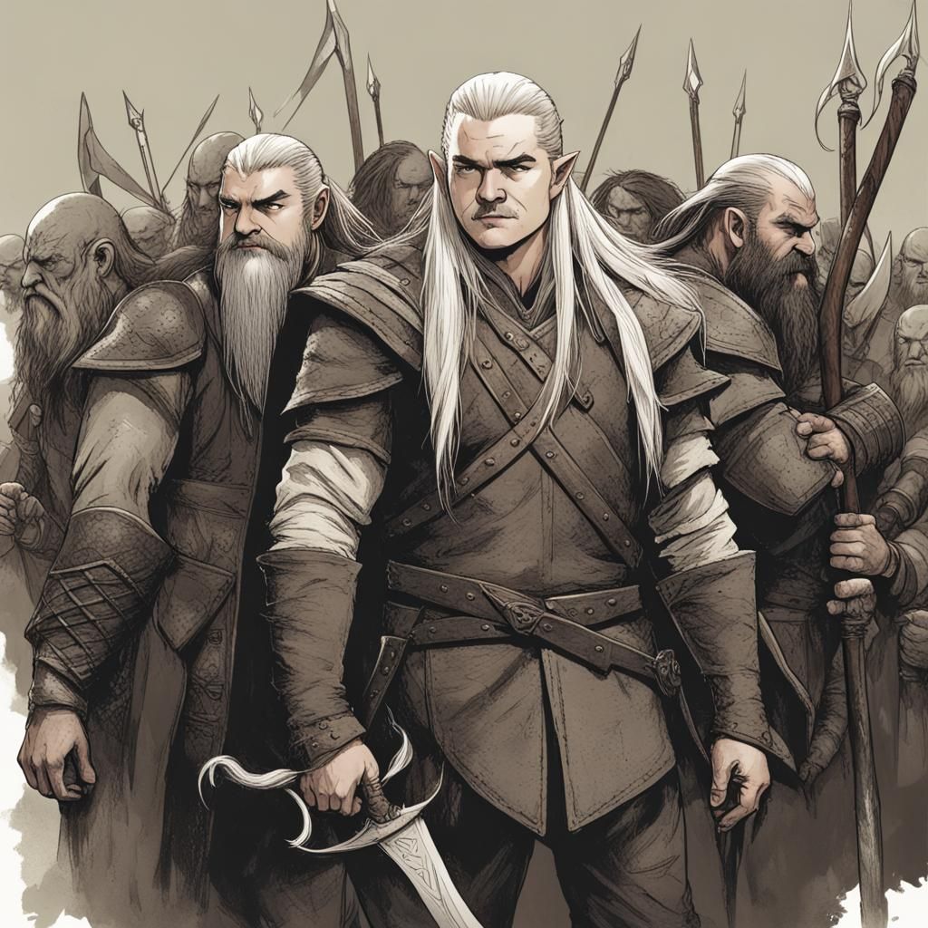Legolas and gimli with their backs to each other surrounded by orcs.  by @bladem