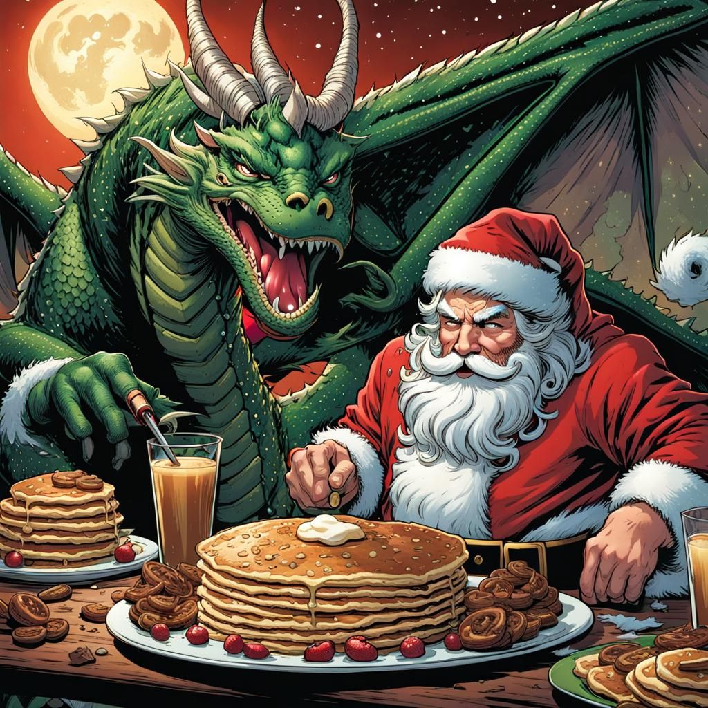 Santa Claus is eating pancakes with his pet