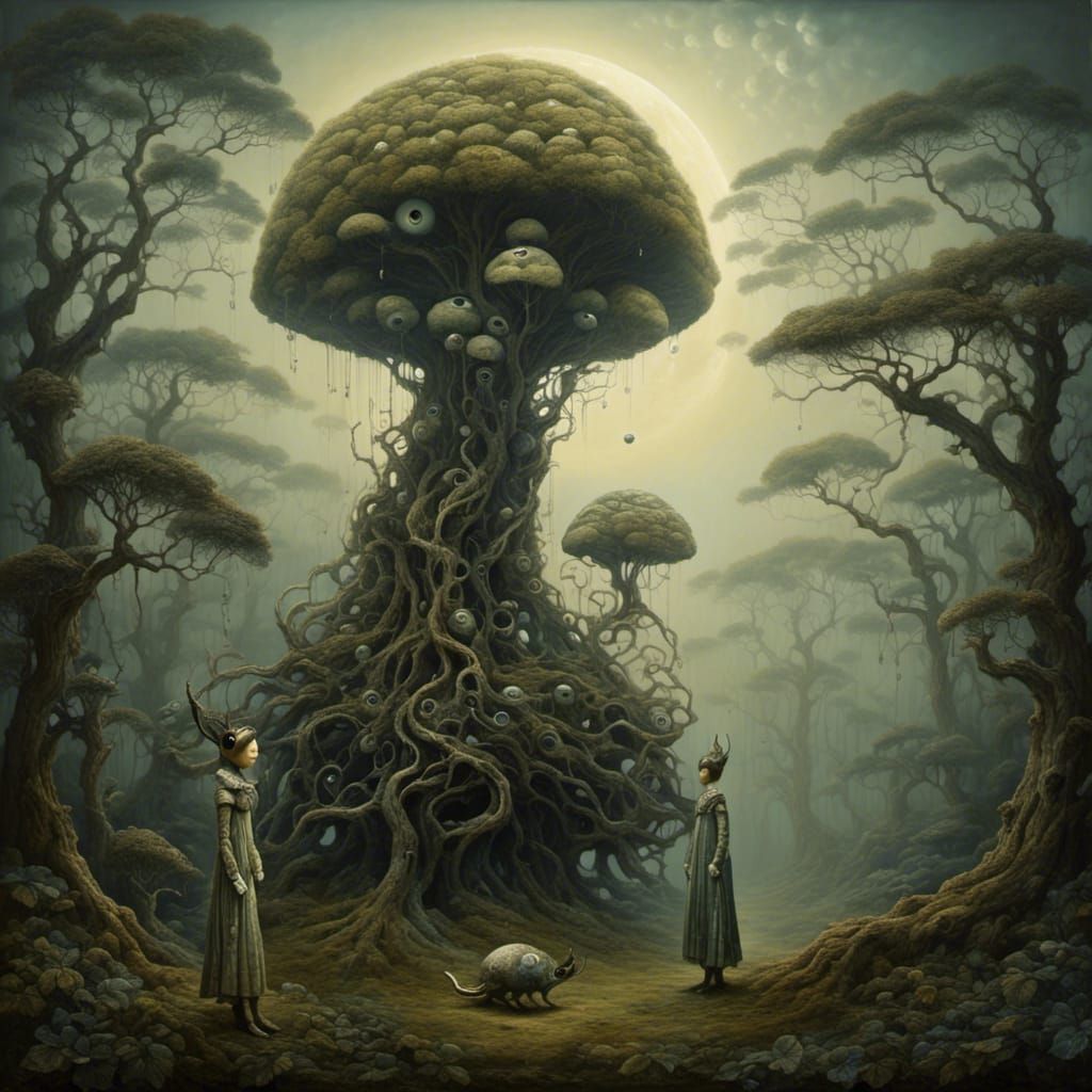two creatures ,surreal , whimsical, moonscape, eerie, forest, <lora:surreal and artsy:1.0> 