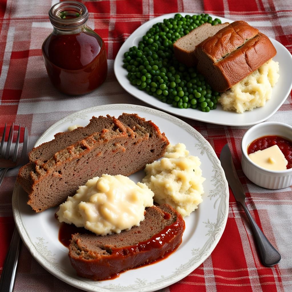 A delicious dinner of home cooked meatloaf mashed potatoes w...