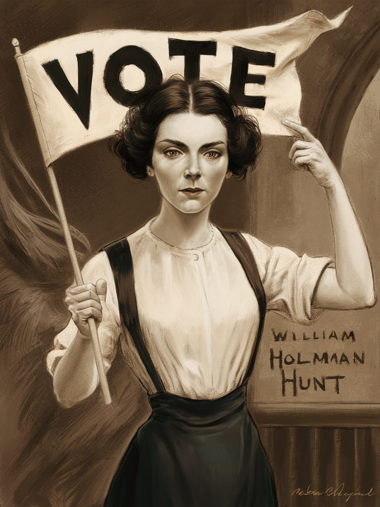 Edwardian Suffragette holding banner that says "VOTE"
