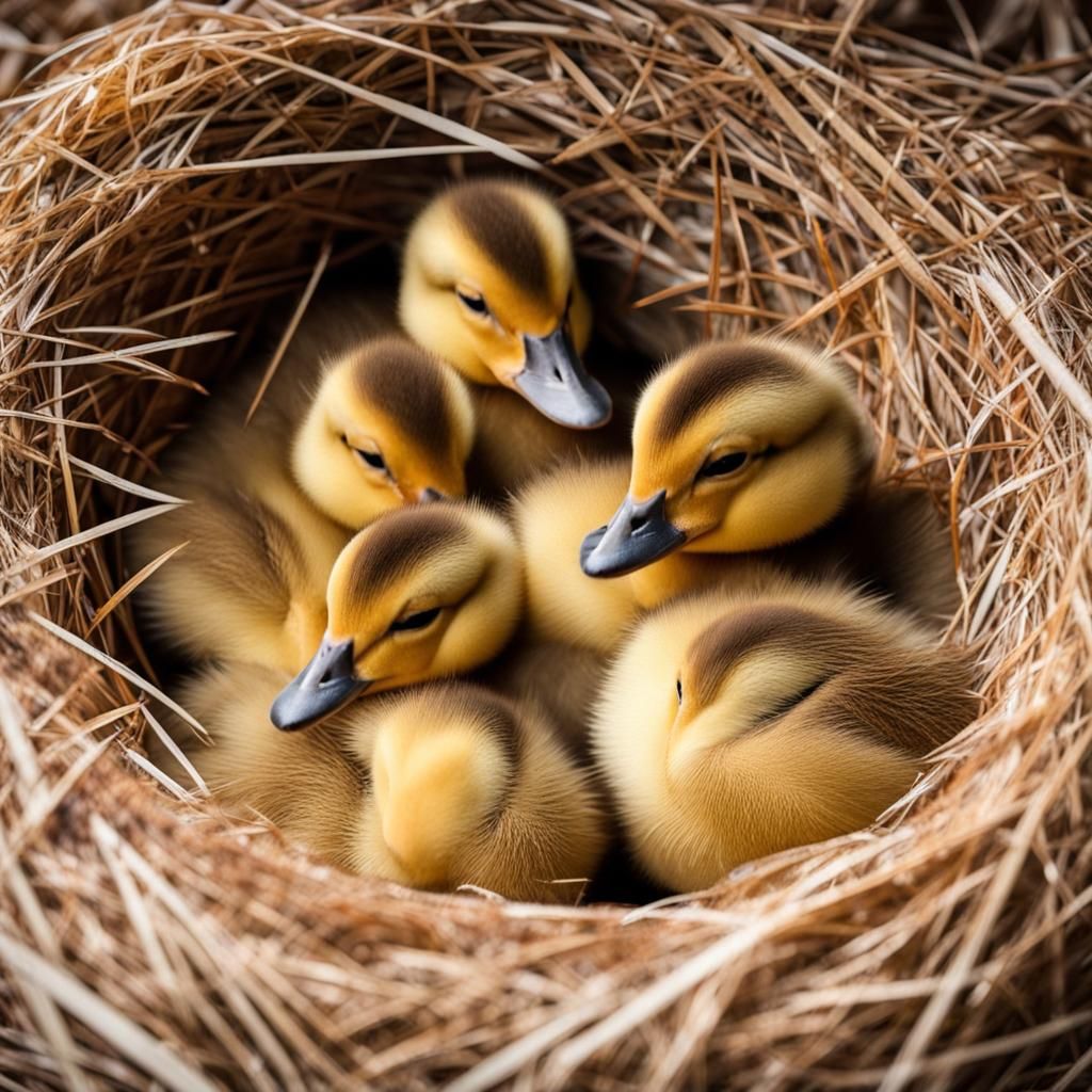 Baby ducklings sleeping curled up in a big straw nest.