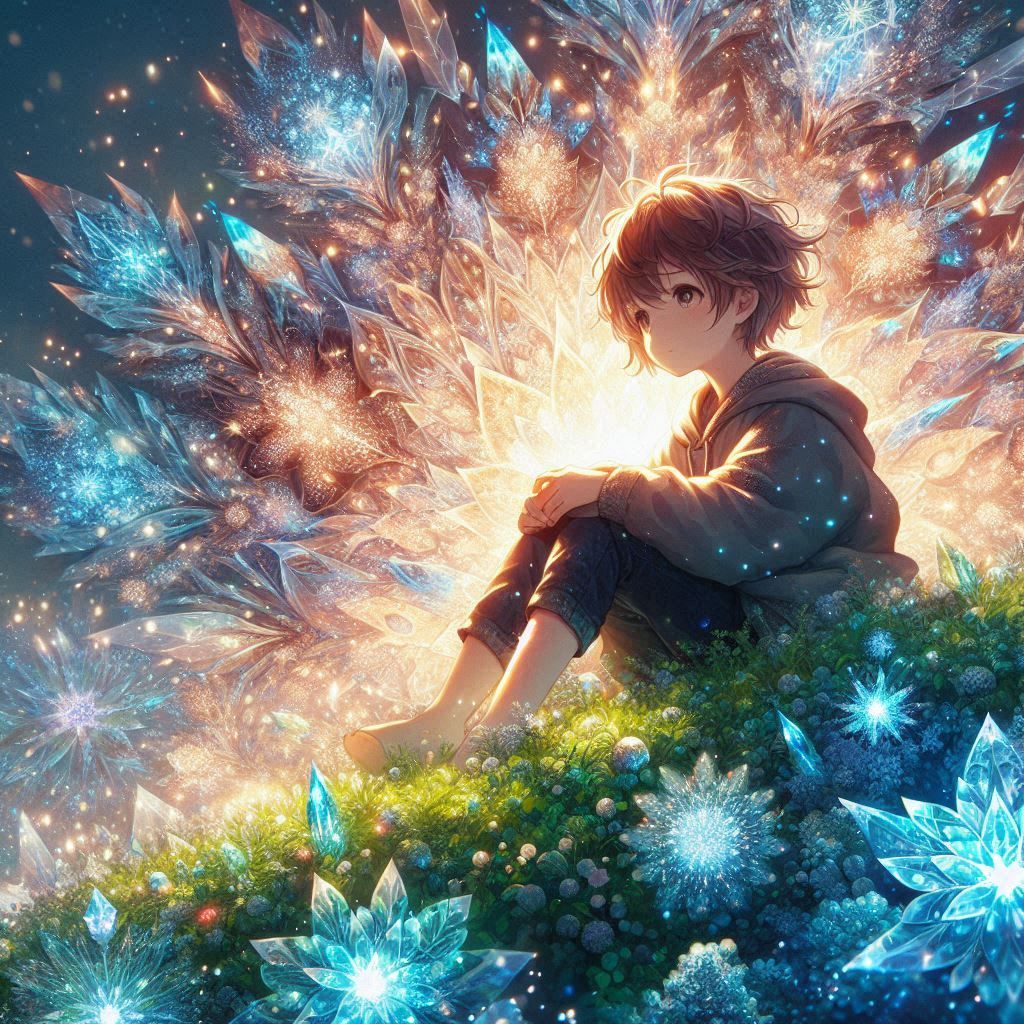 Child sitting on top of a lush green field