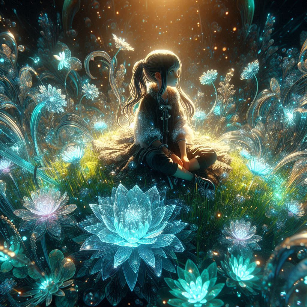 Child sitting on top of a lush green field