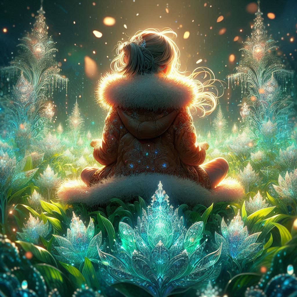 Child sitting on top of a lush green field