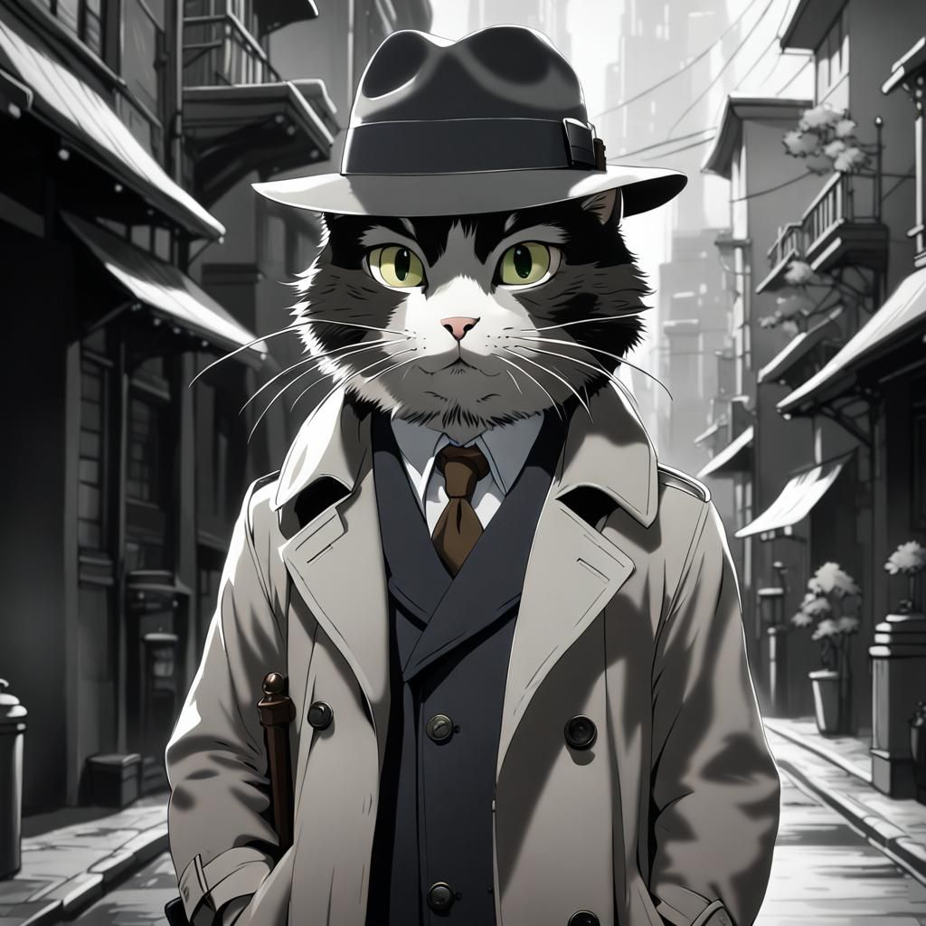 Cat Detective in Black and White, Anime Style