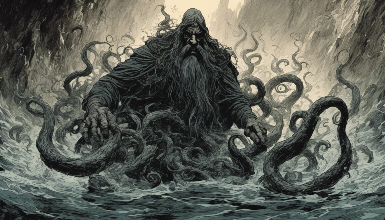 tentacles reach out of a black watery pool <lora:Bakshiesque:1.0> 