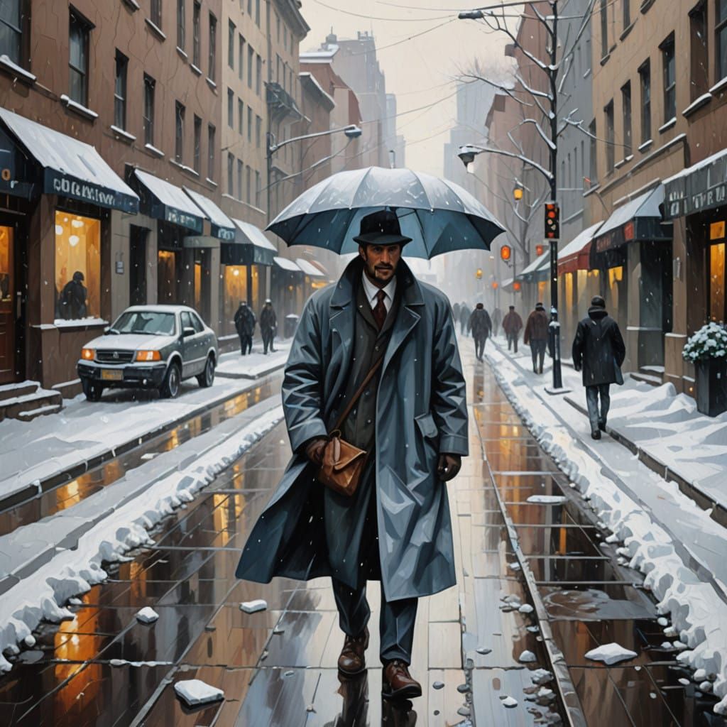 A man is walking and snow is falling all around him. It's winter in the city. The man has to go to work soon. The mood is average.