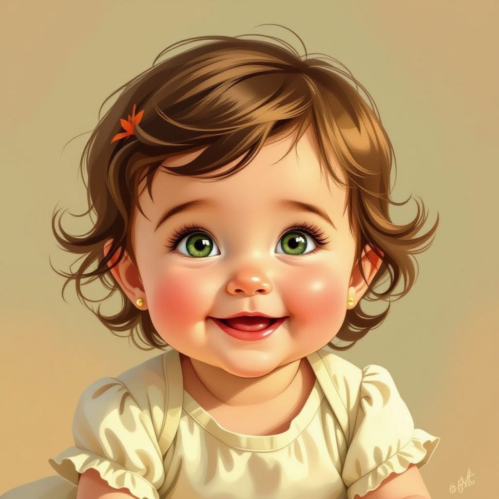 Cute Baby with Brown Hair and Green Eyes Smiling