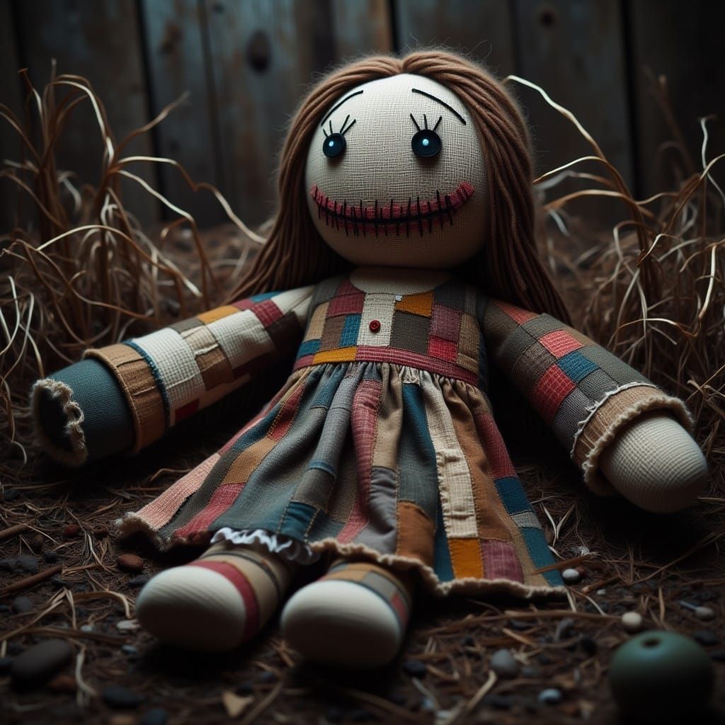 <lora:Ragdoll:1.0>a horror theme ragdoll made out of burlap, dark quilt pieces, roughly sewn patchwork and yarn. A Gothic horror theme creep...