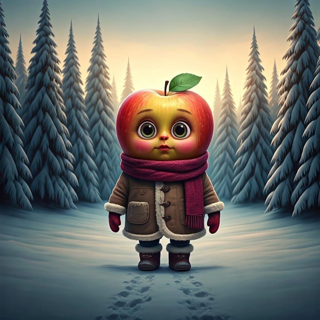 Whimsical Apple Wonders Through a Snowy Wonderland in Earthy...