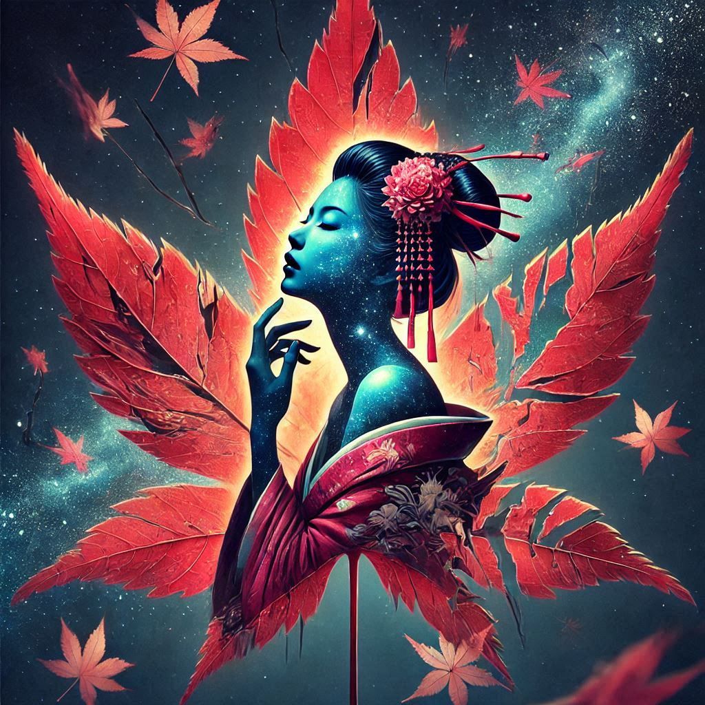 Double exposure Geisha and maple leafs