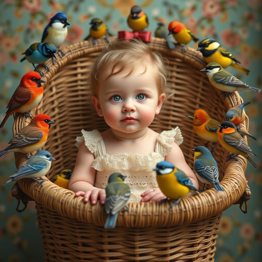 child sits in a Wicker baby seat and feathered friends visit  by @Barrel