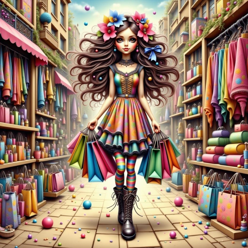 Digital masterpiece/ whimsical, silly lady-mismatched dress, tights, boots, long wavy messy hair/ walking through shops, overloaded with bri...