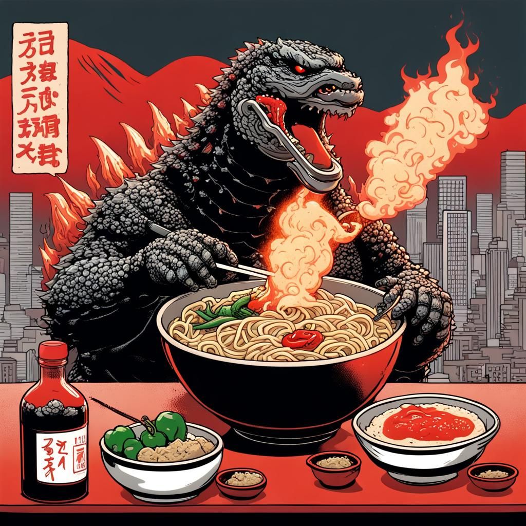 Godzilla eating a steaming bowl of Ramen with red hot sauce and peppers in front of a smoking and burning ...  by @Bill Steller