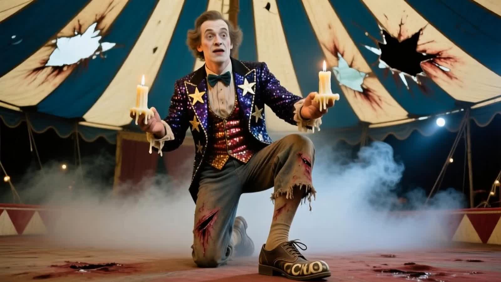 „Vollporträt eines abgewetzten Zirkuskünstlers, blasser Teint wie Kerzenwachs, Sequinen wie stumpfe Sterne, Egon-Schiele...