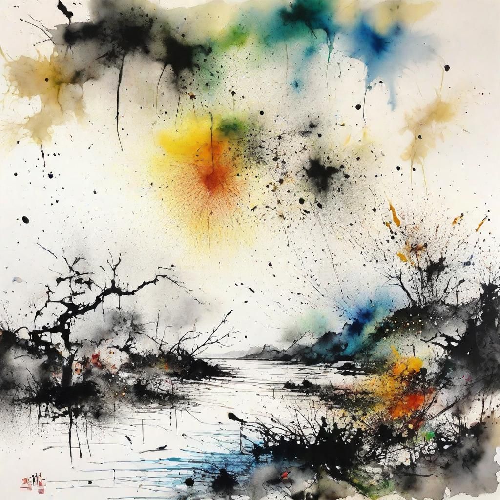 beach landscape theme, ink splatter by artists Hua Tunan, Jackson Pollock, Zhang Daqian, Asha Shenoy ...  by @Didier B