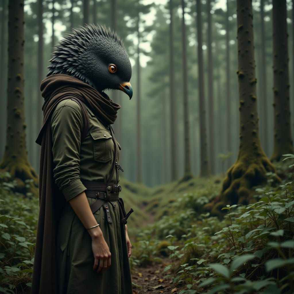 Theriocephalic woman with pigeon head exploring the forest <lora:Theriocephaly:1.0>