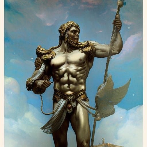 Armoured Greek god Atlas holding up the midnight sky with hi...