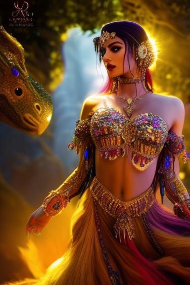 Tribal colorful belly dancer queen,epic long hair, hologram ...