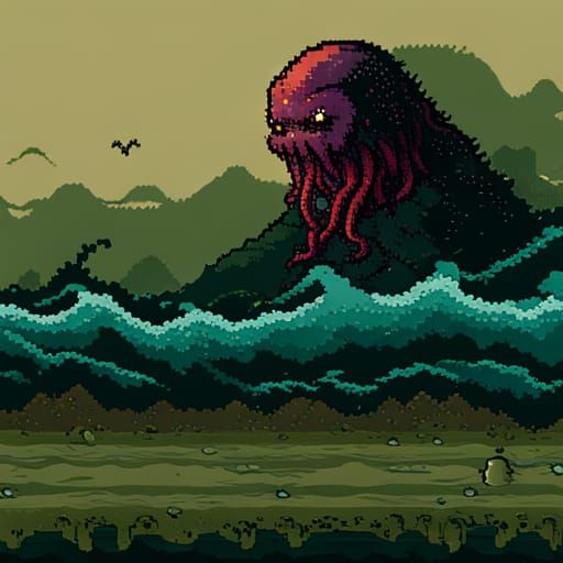 8bit pixel art  style of a behemoth cthulhu in the ocean:: Cthulhu:: sea:: behemoth:: tide:: cosmic horror:: ...  by @Shakaama
