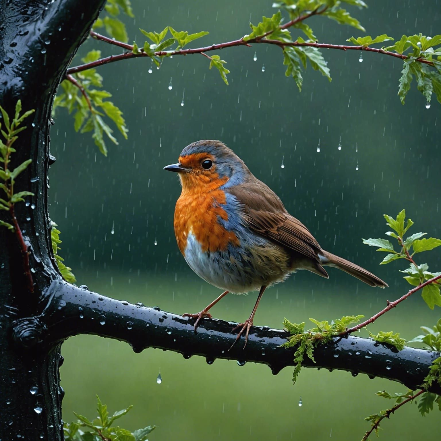 A plump robin with glowing red breast feathers, puffed out i...