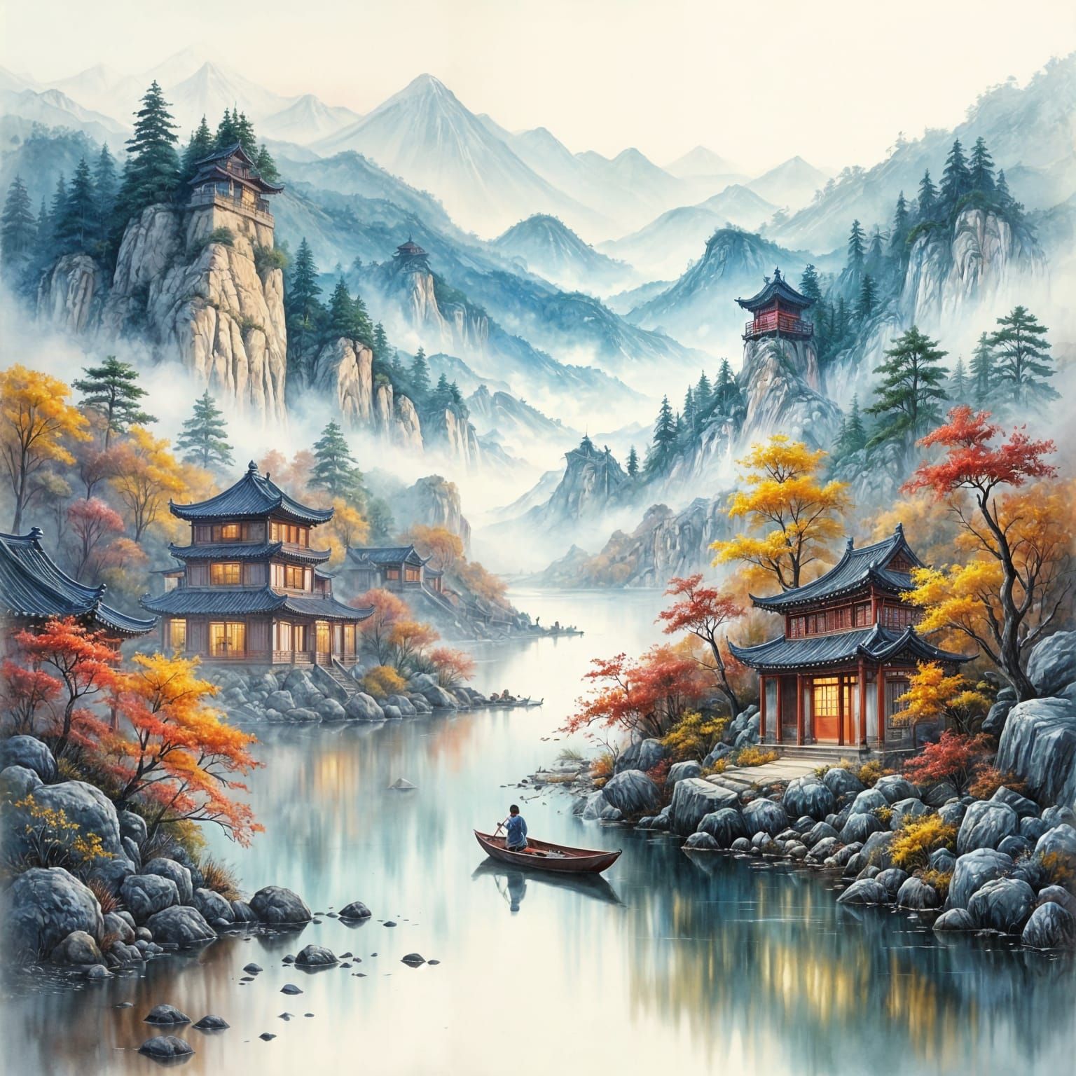  Chinese landscape watercolor painting  by @sunshine33