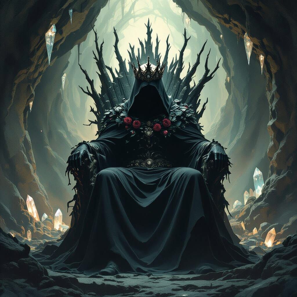 A forgotten prince, his face obscured by shadows and a crown of withered roses, sits on a throne made of petrified trees within a cavern of ...