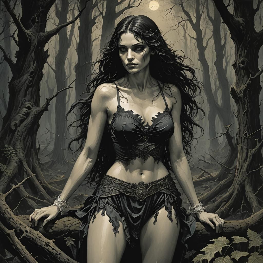 Extremely attractive woman brunete in the very dark forest u...