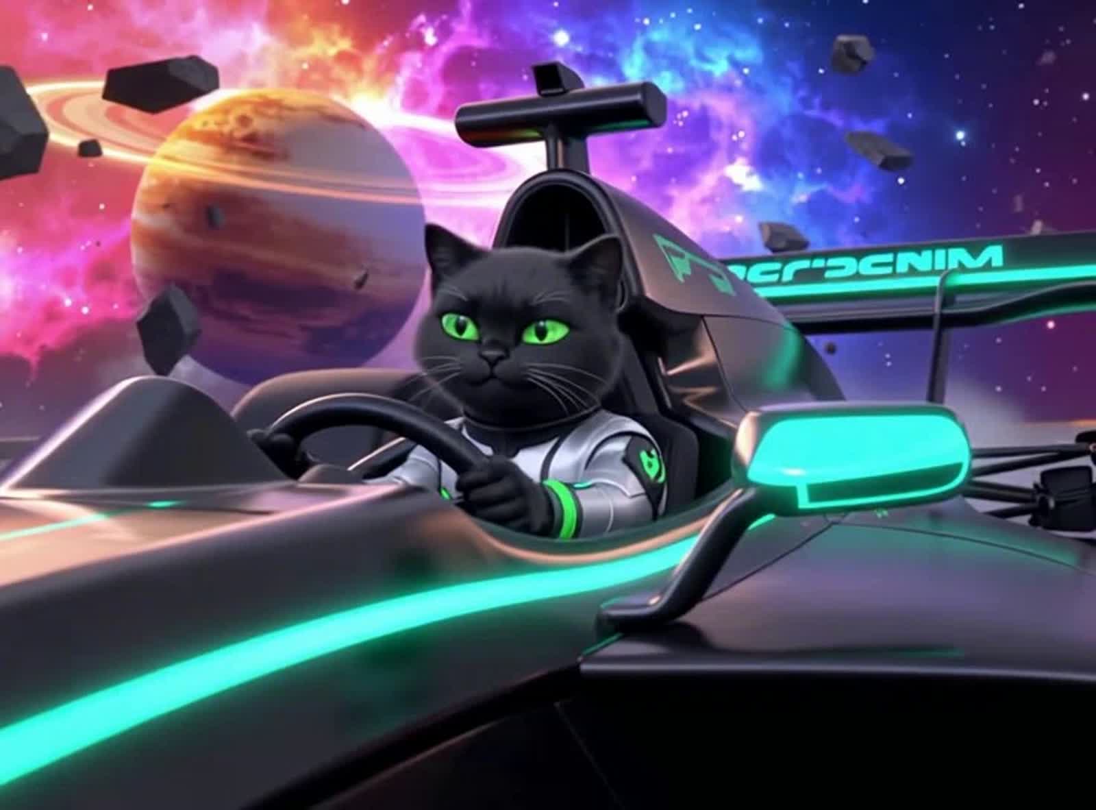 A sleek, anthropomorphic black cat, sits poised in the cockpit of a futuristic F1 race car.