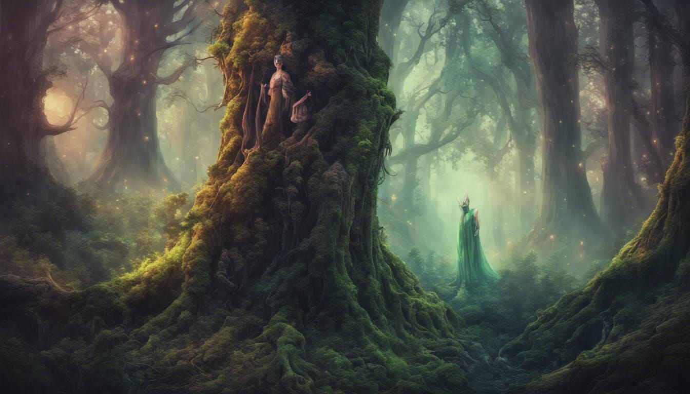 a psychedelic forest elf druid walking through a deep old fa...