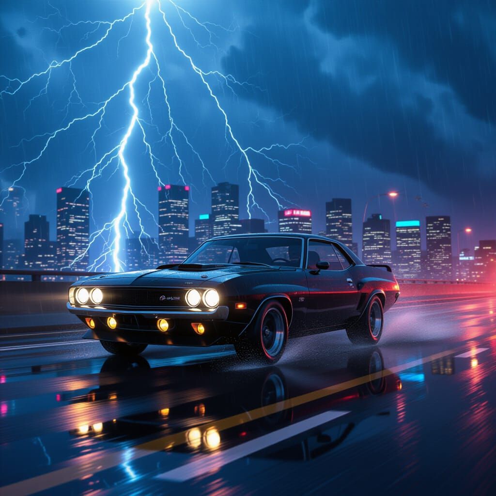 During a raging thunderstorm, a powerful muscle car races faster than lightning itself. The car roars down a wet highway at the edge of a st...
