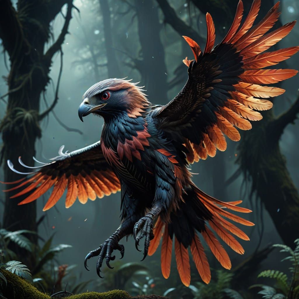 Hawk in flight with dark blood red plumage. Hyperrealistic, splash art, concept art, mid shot, intricately ...  by @caprandom