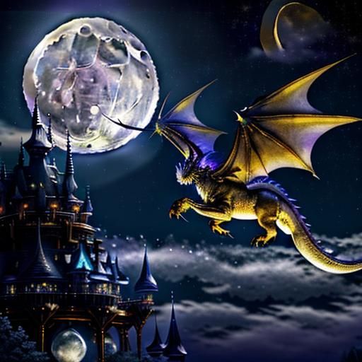 (Fantasy Dragon:1) flying in the air under (starry night sky...